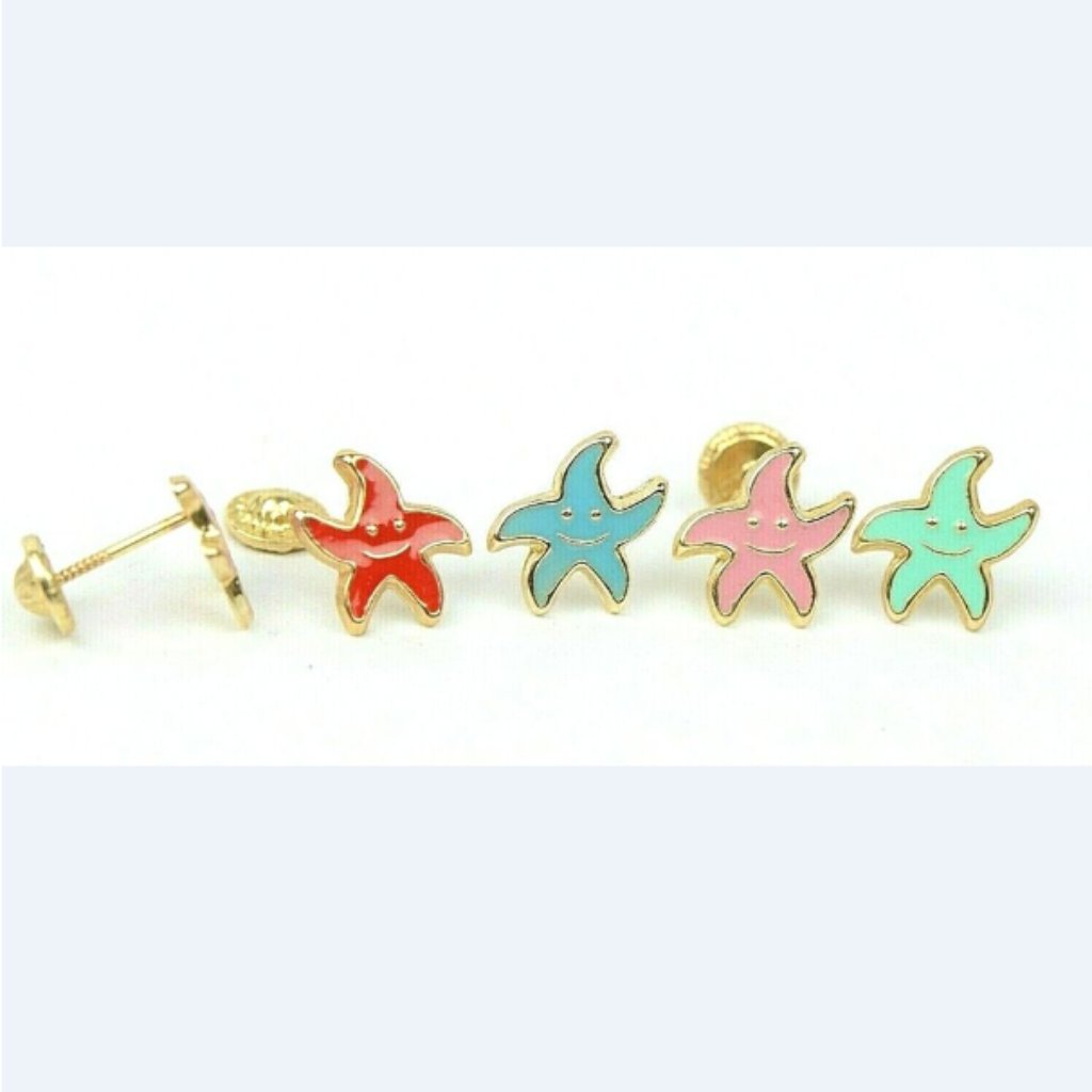Solid 14k Yellow Gold Enamel Starfish Baby Screw Back Earrings